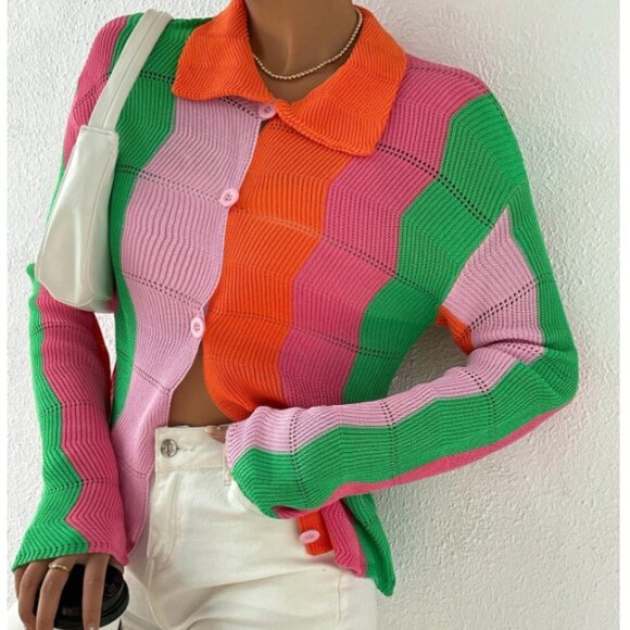 🔥3/$30🔥NEW SHEIN EZwear ZigZag Color Block Button Front Cardigan – XS - Picture 3 of 13